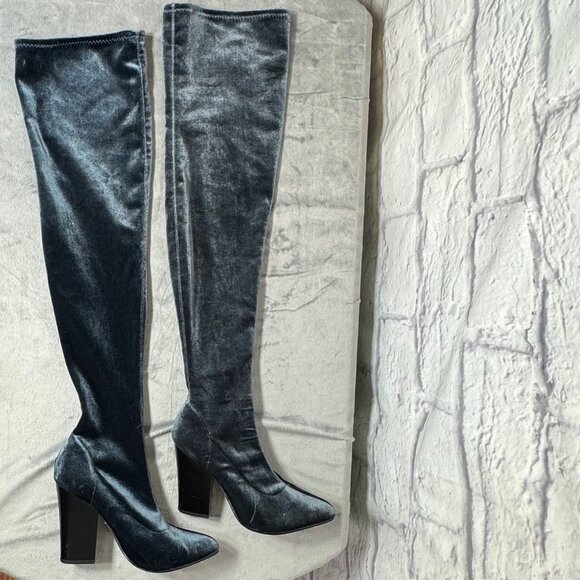Zara Basic Blue-Gray Stretch Velvet Over-the-Knee Boots - Picture 1 of 7